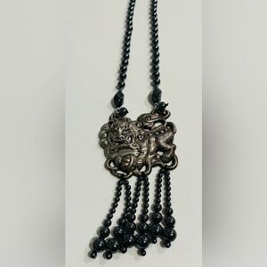 Vintage Chinese Large Foo Dog Hematite Semi Precious Hand Knotted Necklace